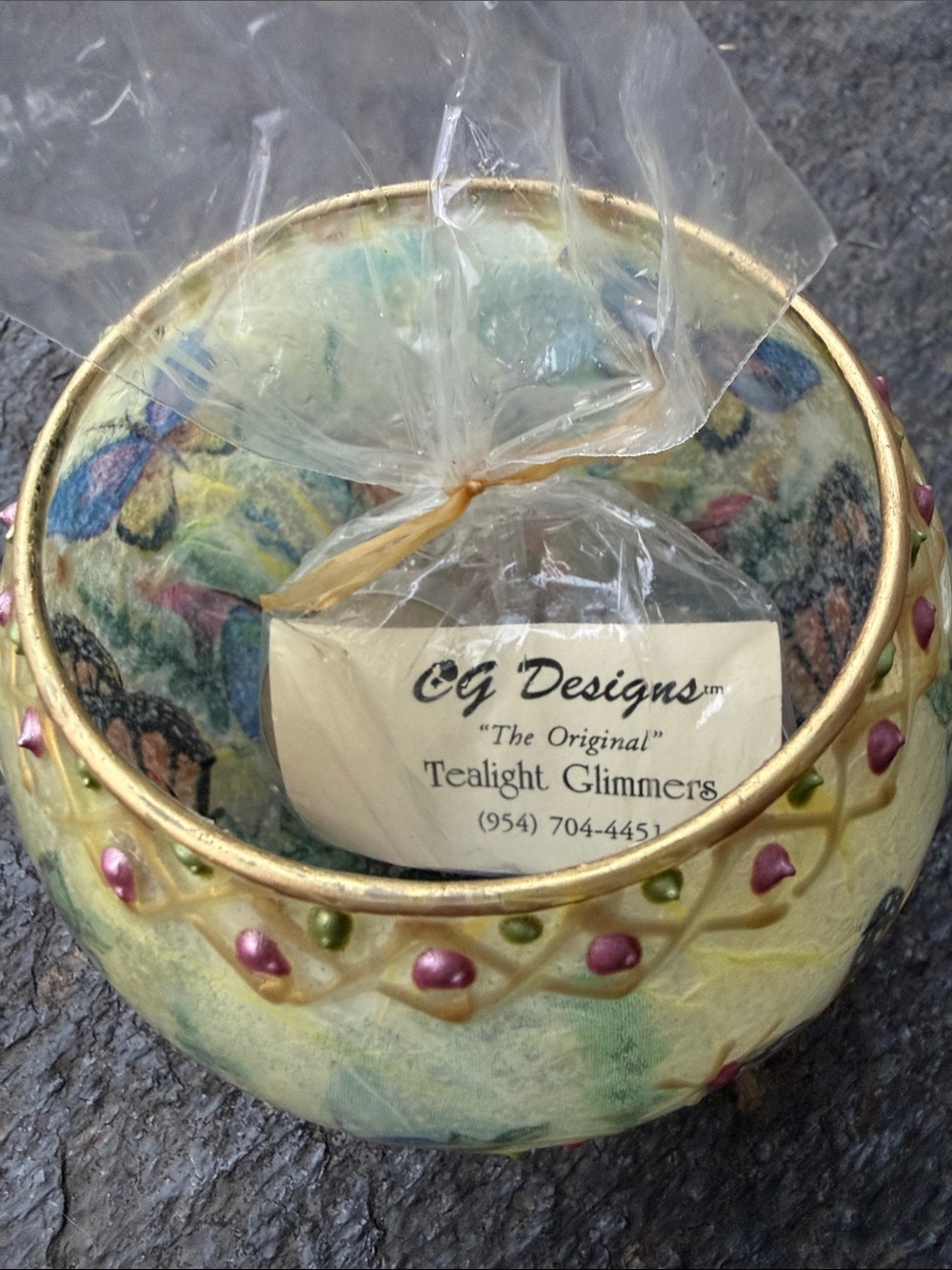 Hand-Painted Butterfly Glass Tea Light Holder in Blue, Pink and Gold - Picture 6 of 16